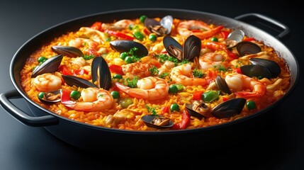 A savory seafood paella dish served in a traditional pan featuring shrimp mussels and vibran