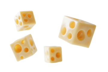 Cheese cubes with holes levitating in air on white background. PNG