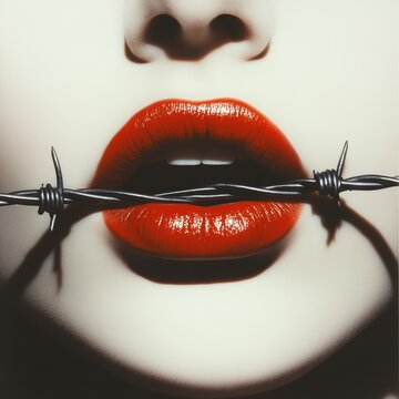 Red lips with barbed wire across mouth	