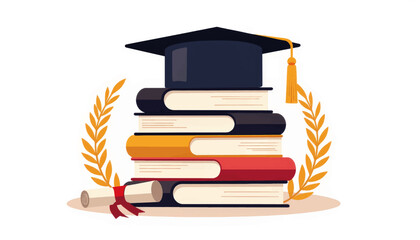 Graduation cap on stack of books with diploma and laurel, academic achievement
