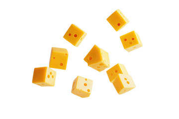 Cheese cubes with holes levitating in air on white background. PNG