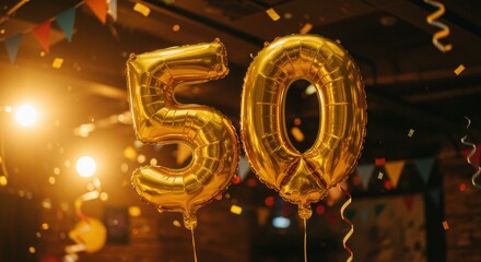 Golden fifty balloon celebration with confetti and festive decorations for a milestone anniversary event