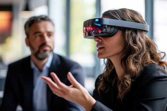 Businesswoman wearing VR headset, interacting with a colleague, showcasing innovative technology in a meeting.