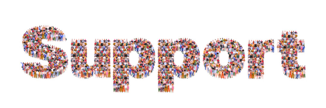 Large group of people forming word Support symbolizing teamwork, unity, and mutual help. Ideal for themes related to cooperation, mental health, social support, community. Vector Not AI generated