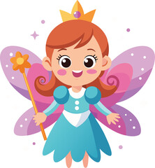 Cute fairy princess with wings and magic wand. Whimsical fantasy character in flat style. Ideal for children’s stories, games, and magical content.