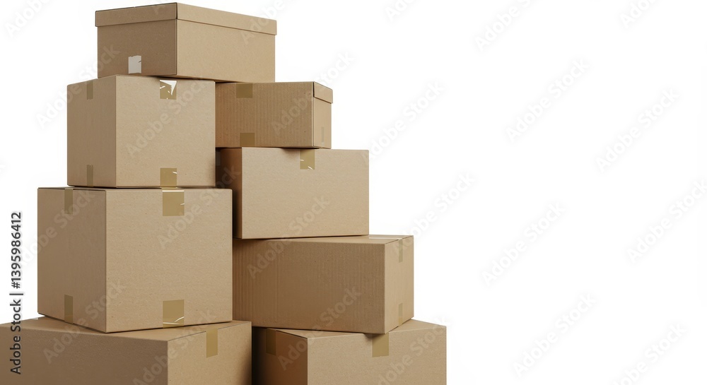 Poster stacked cardboard boxes for shipping and storage - a stack of various sized cardboard boxes, ready f