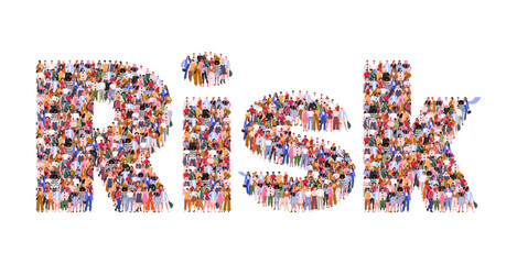 Large group of people forming word Risk. Financial risks, investment threats, or emergency situations. Vector Not AI generated