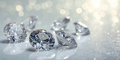 Several brilliant-cut diamonds are scattered on a glossy surface, glimmering under soft light. The bokeh effect enhances the ethereal beauty, highlighting their clarity and shine