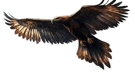 Golden eagle soaring, wings spread, white background, wildlife art, ideal for logos