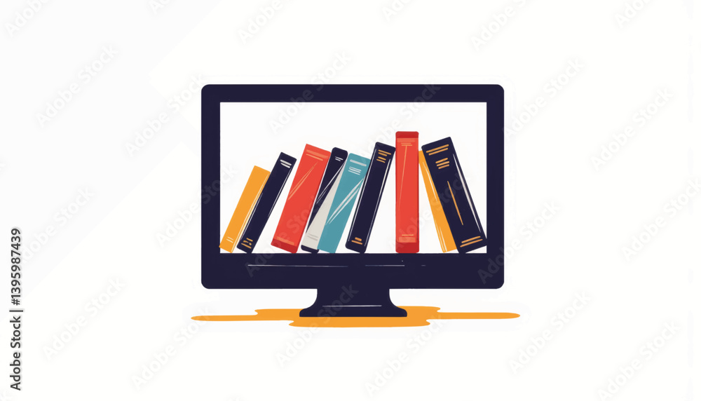 Poster futuristic digital bookshelf displaying colorful books, modern design
