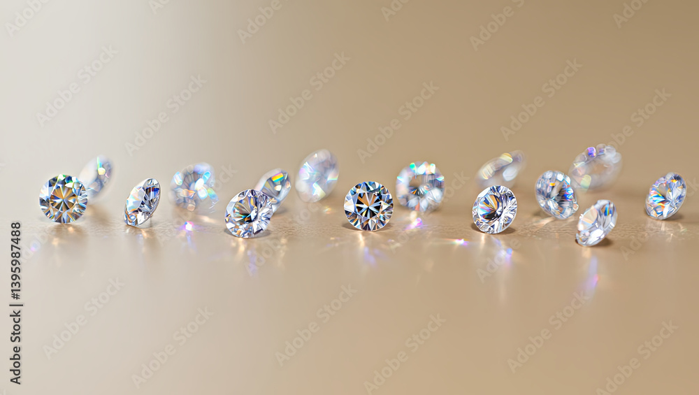 Poster a collection of diamonds glistens on a light-colored surface, capturing and reflecting surrounding l