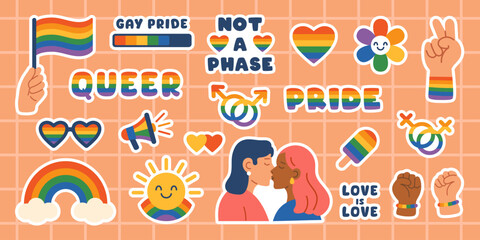 Vector LGBT pride month sticker pack. Colorful cute modern collection of LGBTQ Pride elements. Gay pride rainbow flags and signs. Gay community sticker set in rainbow colors. Lesbian girls.