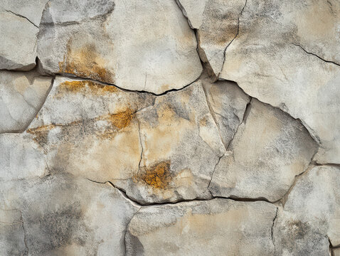 Stone Texture: A detailed close-up of a weathered stone wall, showcasing the intricate textures, cracks, and natural patterns. The rough surface of the stone reveals its age and the passage of time.