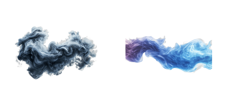 Two smoke patterns, swirl smoke, color smoke isolated, cut out transparent