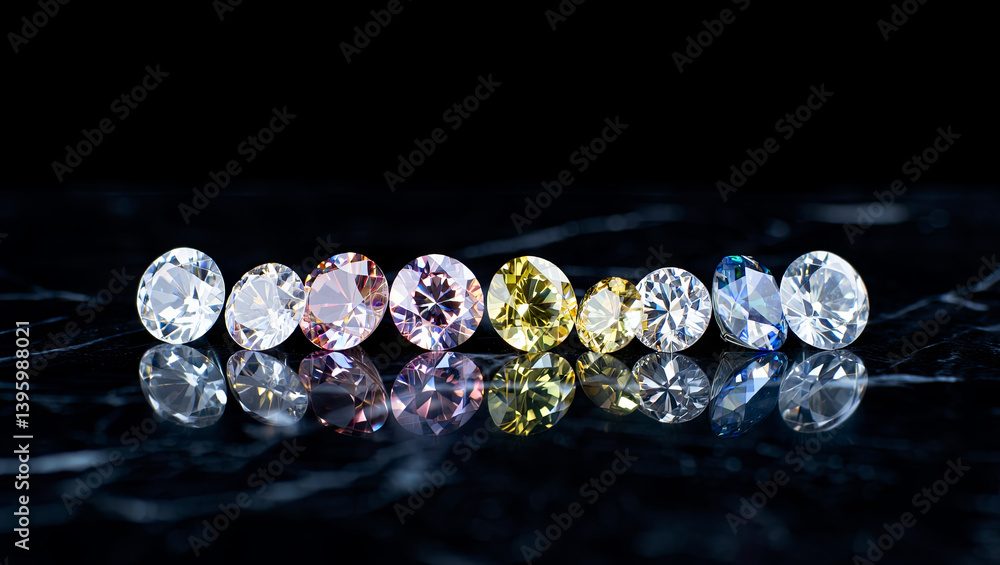 Poster several diamonds of different colors and sizes are displayed in a straight line on a glossy black su