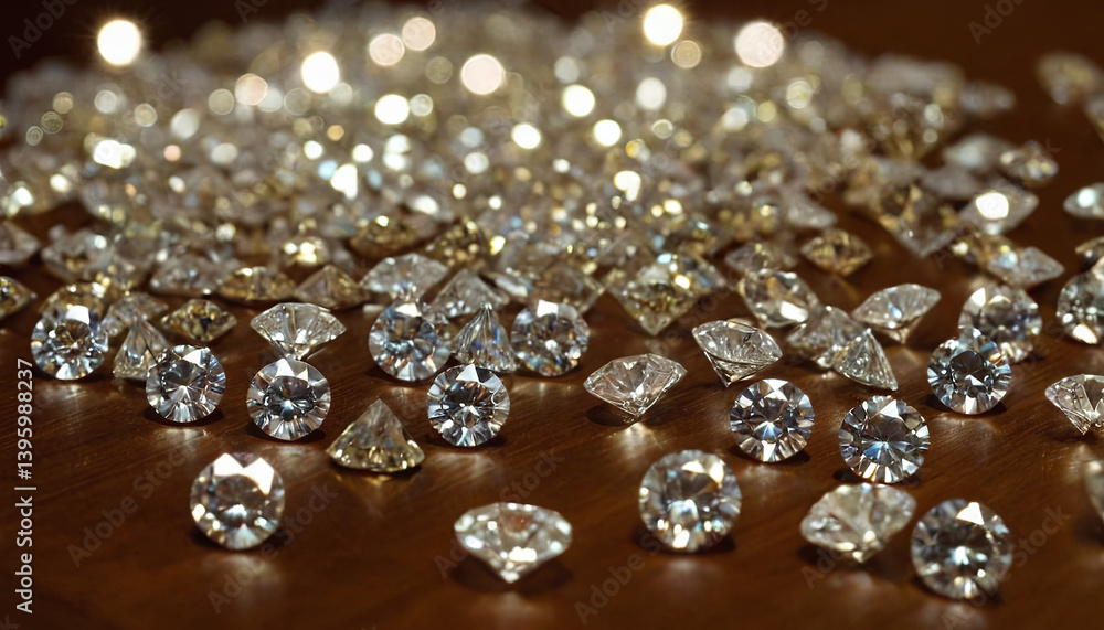 Aufkleber A multitude of diamonds are scattered across a polished wooden surface, reflecting light and displaying a variety of shapes and sizes. The arrangement creates a dazzling visual effect that captivates