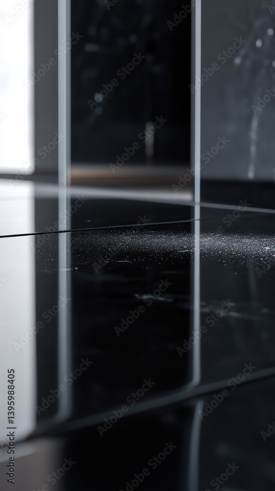 Aufkleber abstract black tile surface: a close-up perspective showcases a reflective black tiled surface, wher