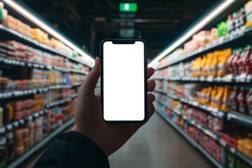 A person is holding a phone with a white screen The background is a retail supermarket scene 