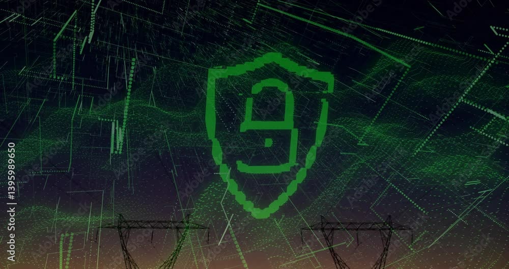 Poster animation of green digital lock symbol overlaying power lines and network background