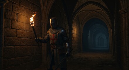 Fototapeta premium Templar Knight in Dark Corridor - A lone Templar knight, illuminated by a torch, stands in a dimly lit stone corridor. The atmosphere is mysterious and medieval