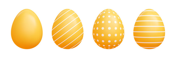 Cartoon 3d Easter egg set - yellow solid colors oval vector shapes, polka dots and striped patterns. Cute seasonal vector graphic drawing for spring holidays commercial projects illustration