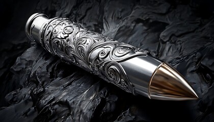 A silver bullet-shaped emblem, featuring intricate engravings and raised details, set against a dark background for a mysterious and powerful image.