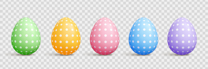 Pastel cartoon Easter egg 3d vector set - oval shapes with solid color, polka dots, strips and diagonal lines patterns, shadow on transparent background for seasonal spring holidays design.