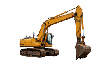 Isolated Yellow Excavator with Raised Arm and Bucket