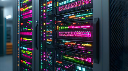 Naklejka premium Colorful Server Rack In Data Center
