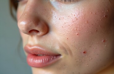 Naklejka premium Close-up detail of young woman facial skin texture. Acne open pores blackheads visible. Problematic skincare. Cosmetic concept background. Focus on face with skin imperfections.