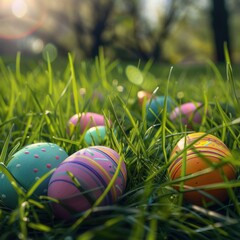 Fototapeta premium Colorful Easter eggs hidden in vibrant green grass during the early morning light