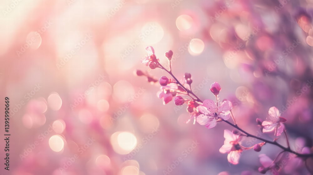 Poster blossom branch with bokeh: a delicate branch laden with soft pink blossoms, captured in a serene set