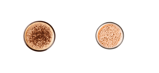 Top view of two coffee drinks in glasses on black background, cut out transparent