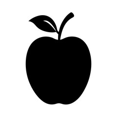 A simple black silhouette of a single apple with a leaf
