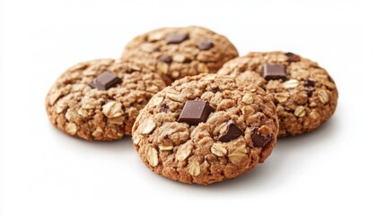 A view of four oatmeal cookies with chocolate chunks on white background