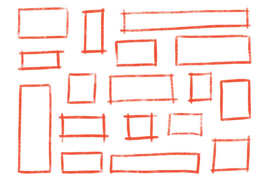 Red crayon or chalk sketchy rectangle highlight set - hand drawn rough marker or ink shapes, graphic underlining elements in grunge style for emphasizing and drawing attention to text.