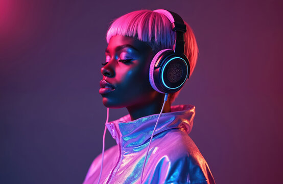 Stylish black woman with pink short hair in futuristic studio. Cyberpunk fashion model wearing neon headphones, listening music. Holographic aesthetic, vaporwave clothes. Portrait of young female - Powered by Adobe