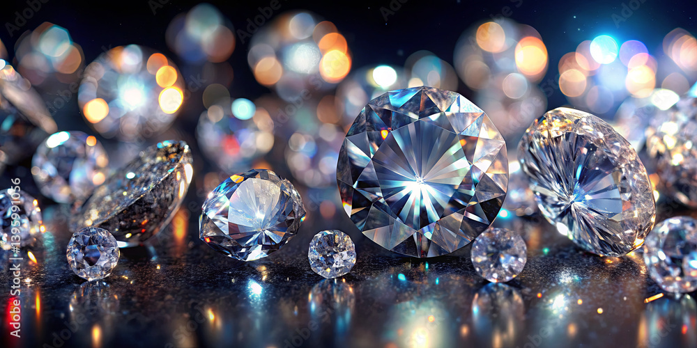 Poster gleaming diamonds of various sizes are scattered on a dark, reflective surface, illuminated by soft 