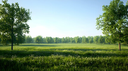 Obraz premium Green Meadow With Trees Under Sunny Sky