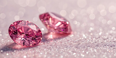 Two beautiful pink gemstones are positioned on a sparkling surface. Soft light enhances their facets, creating a dazzling display of color, inviting admiration from viewers