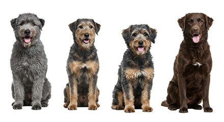 Fototapeta premium Four different dogs sitting in a row against white background