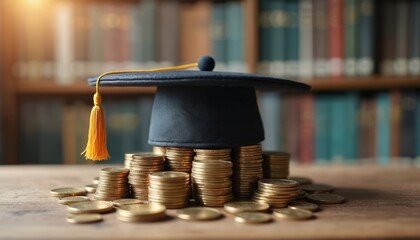 Graduation hat on coin stacks represents concept saving for education. Concept investment in studies, student loan repayment, college tuition, financial aid. Academic success, future wealth,