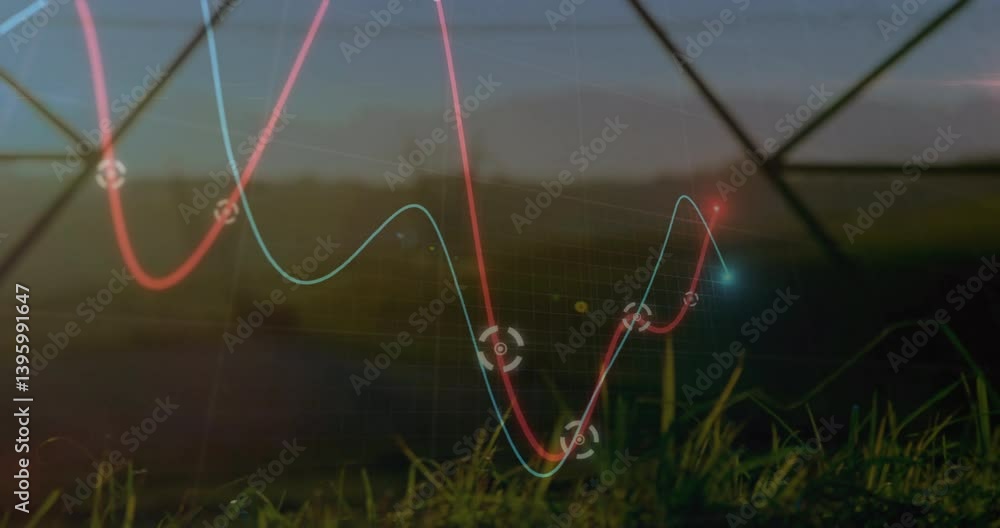 Poster graph animation over grassy landscape with power lines in background