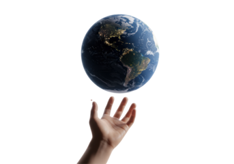 Isolated Hand Reaching Up Towards Floating Earth Globe