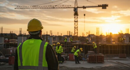 A construction worker in safety gear watches a crane at a construction site during a bright sunset hour