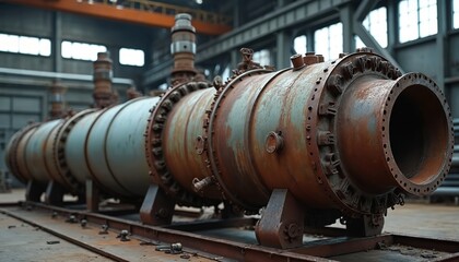 Industrial heat exchanger tubes bundle in old industrial factory. Shell and tube equipment for repairing and cleaning. Rusty metal machine for refinery, gas and oil production. Engineering technology.