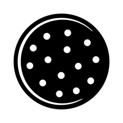 A black and white illustration of a round cookie with white dots