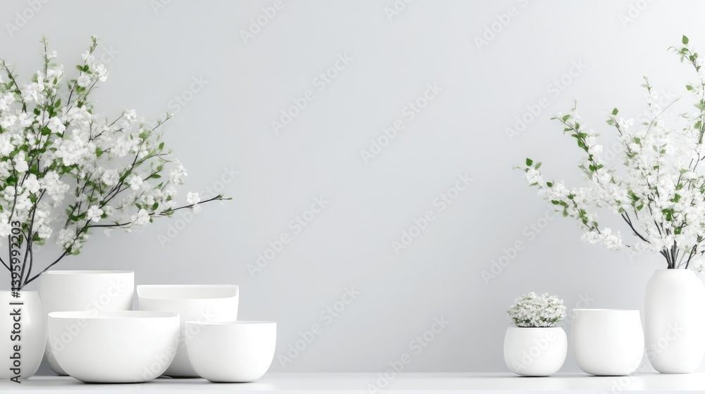 Poster white flowers in bowls minimalist modern style high-resolution soft lighting horizontal centered arr