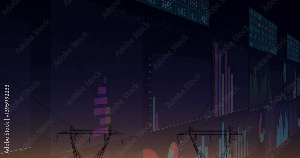 Poster silhouetted power lines with animation of data charts overlay in sky background