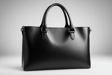 A sleek dark leather tote bag with handles on white background